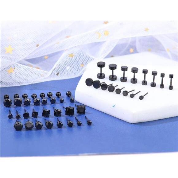 Amazon.com: Sureio 20 Pairs Black Studs Earrings for Men  20 Pairs Stainless Steel Black Stud Earrings for Men Earring Trendy